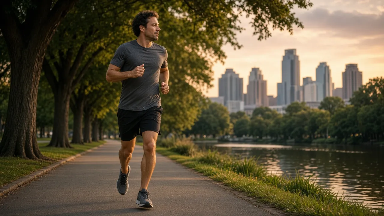 A man jogging along a tree-lined bayou trail in Houston at sunset