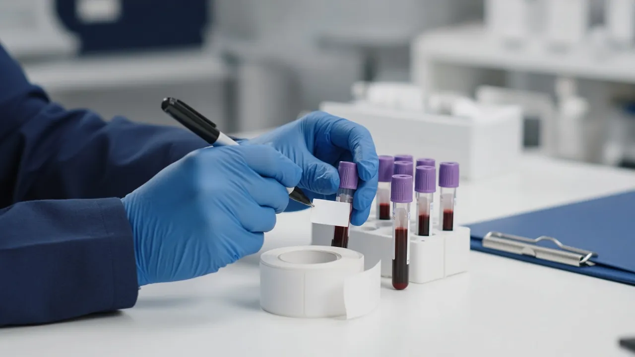 Blood sample tubes being labeled for a men's hormone panel